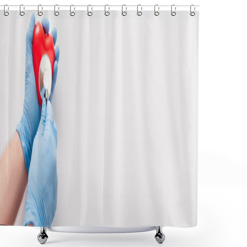 Personality  Cropped View Of Doctor In Latex Gloves Examining Red Heart With Stethoscope On White Background, Panoramic Shot Shower Curtains