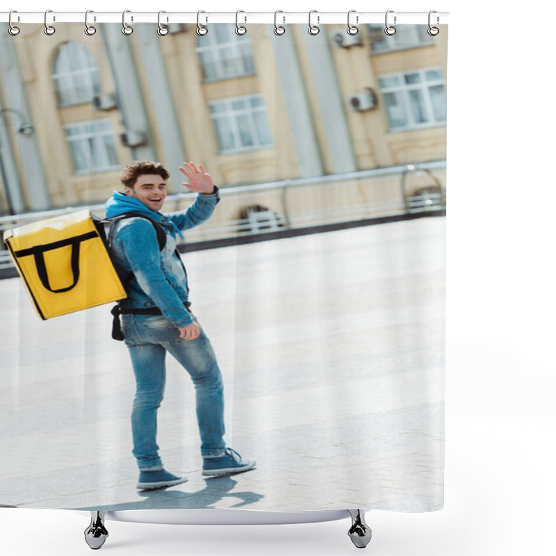 Personality  Back View Of Happy Courier With Thermo Backpack Waving Hand At Camera On City Street Shower Curtains