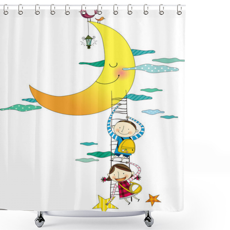 Personality  Two Kids Climbing On The Moon Shower Curtains