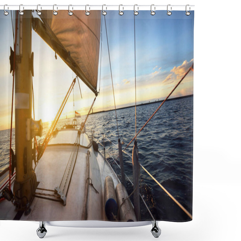 Personality  Sloop Rigged Yacht Sailing At Sunset. A View From The Deck To The Bow And Sails. Waves And Water Splashes. Baltic Sea, Latvia Shower Curtains