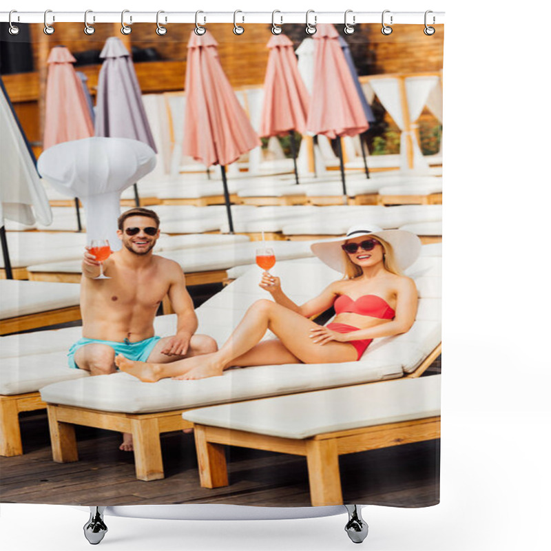 Personality  Sexy Couple Holding Glasses Of Cocktails At Resort In Sunny Day Shower Curtains