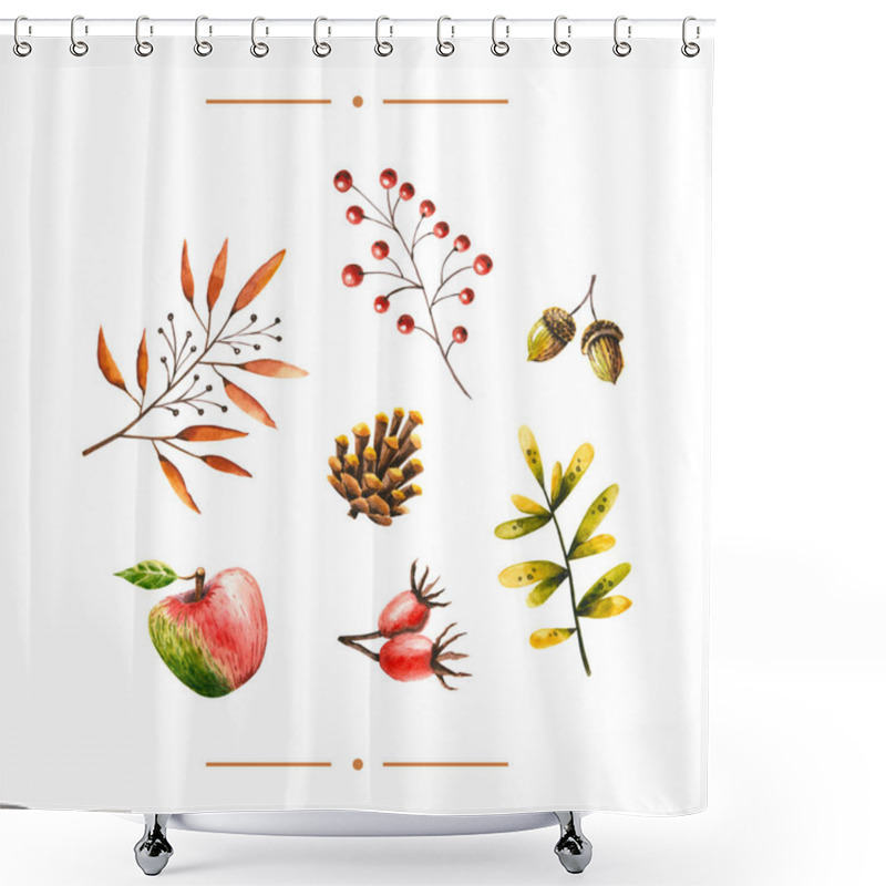 Personality  Watercolor Autumn Set Of Leaves, Rosehip Berries, Acorn, Cone, Rowan, Apple. Illustration Isolated On White. Hand Drawn Items Perfect For Greeting Card, Poster, Stickers, Fabric Textile, Wallpaper Shower Curtains