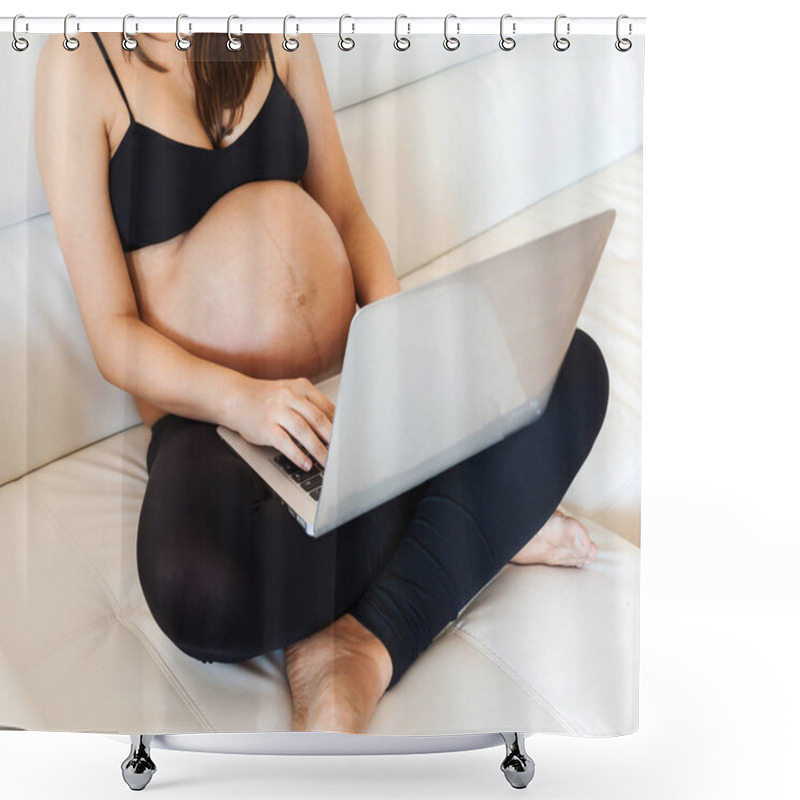 Personality  Pregnant Woman Using A Laptop. Shower Curtains