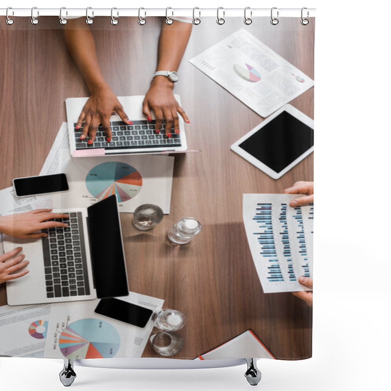 Personality  Cropped Of Multicultural Businesspeople Working With Laptops And Documents, Top View Shower Curtains