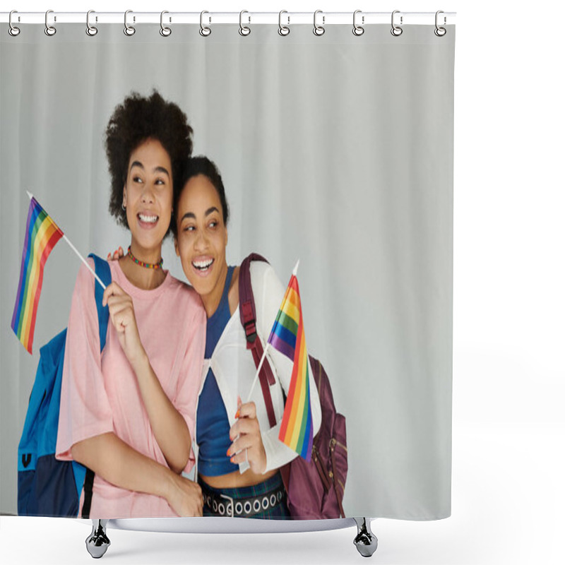 Personality  Two Friends Express Their Pride And Happiness While Holding Rainbow Flags Together. Shower Curtains