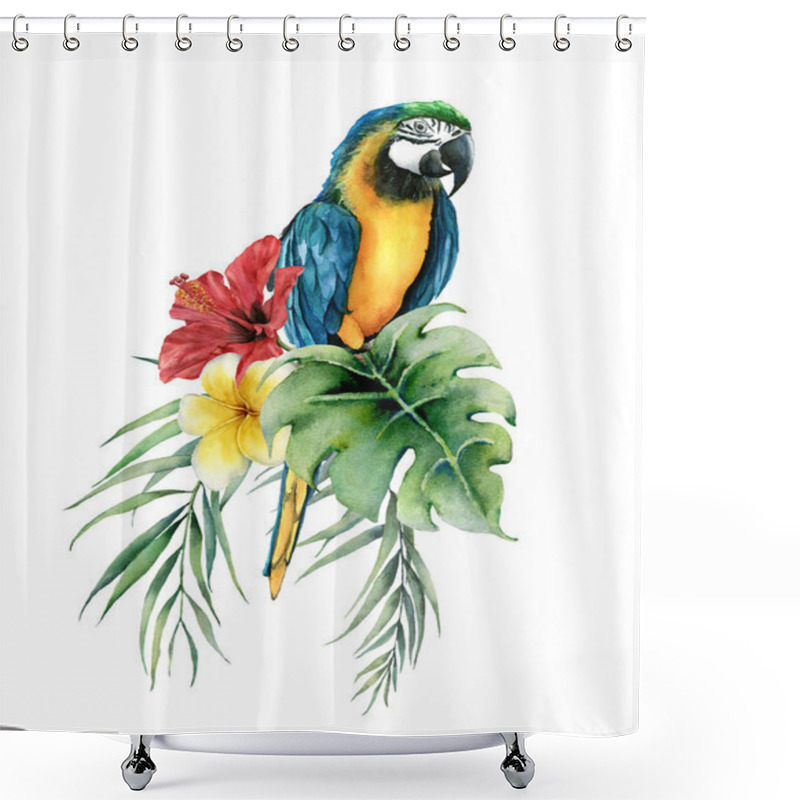 Personality  Watercolor Tropical Card With Parrot And Flowers Bouquet. Hand Drawn Plumeria And Hibiscus. Floral Label Isolated On White Background. Botanical Illustration. Greeting Template For Design. Shower Curtains