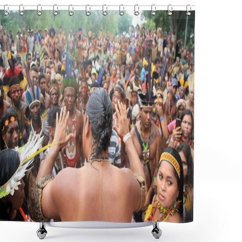 Personality  Salvador, Bahia, Brazil - April 26, 2022: Indians From Different Tribes Of Bahia During Protests In The City Of Salvador. The Group Seeks Improvements To Their Villages Shower Curtains