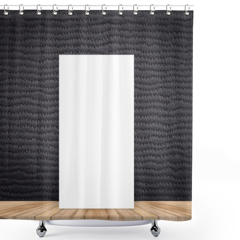 Personality  Blank White Poster Leaning At Tropical Wood Table Top With Dark Stone Wall,Mock Up Background For Adding Content Shower Curtains