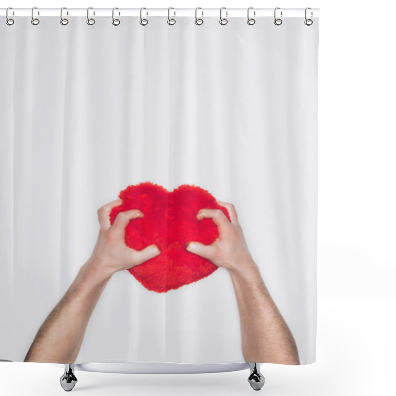 Personality  Cropped Shot Of Man Squeezing Red Heart Pillow Isolated On White Shower Curtains