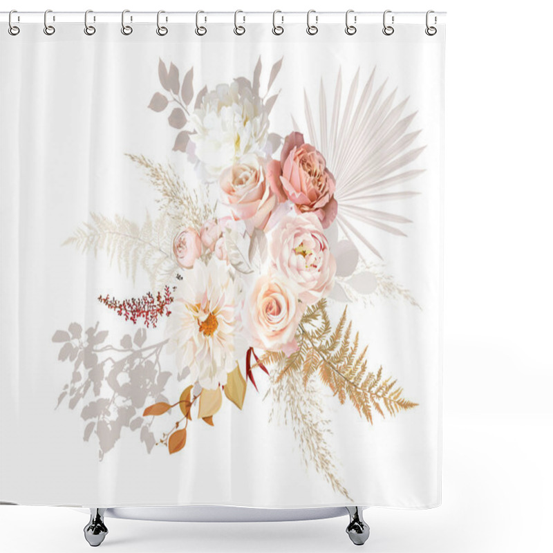 Personality  Rust Orange And Blush Pink Antique Rose, Beige And Pale Flowers, Creamy Peony, Ranunculus, Dahlia, Pampas Grass, Fall Leaves Wedding Vector Bouquet. Floral Watercolor Arrangement.Isolated And Editable Shower Curtains