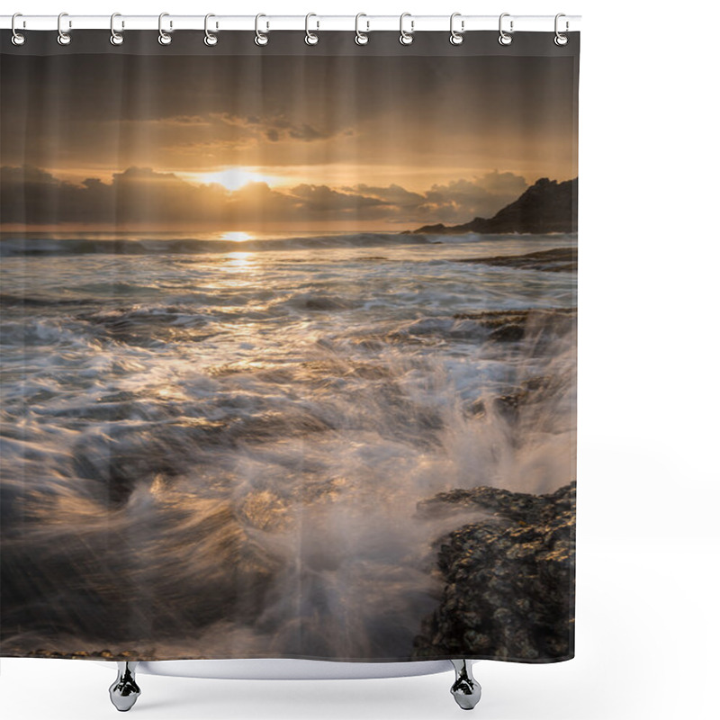 Personality  Sea Waves Lash Line Impact Rock On The Beach Shower Curtains