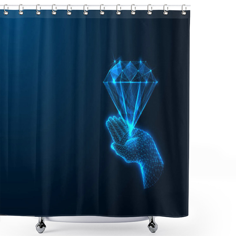 Personality  Business Values Abstract Concept With Hand Holding Diamond On Dark Blue Background. Company Ethics, Leadership, Quality, And Corporate Excellence. Glowing Low Polygonal Design Vector Illustration. Shower Curtains