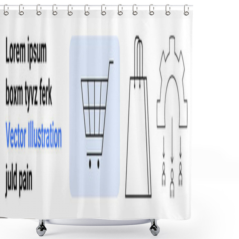 Personality  Text Beside A Shopping Cart, Paper Bag, And Gear With Binary Code. Ideal For E-commerce, Online Shopping, Digital Marketing, Automation, Coding Data Analysis And Tech Interfaces. Landing Page Shower Curtains