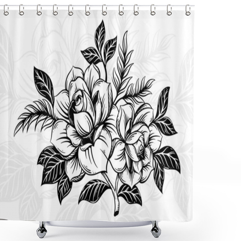 Personality  Rose Flower Line Art With Leaf Clipart Floral Composition Hand Drawn Floral Decorative Bouquet Shower Curtains