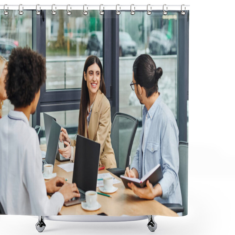 Personality  Job Seekers Collaborating With Laptops At Table. Shower Curtains