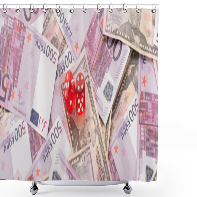 Personality  Panoramic Shot Of Dice On Euro And Dollar Banknotes, Sports Betting Concept Shower Curtains