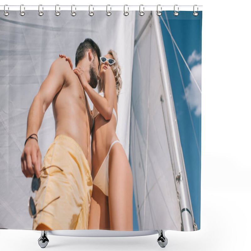 Personality  Low Angle View Of Smiling Shirtless Man Embracing Attractive Girlfriend In Bikini On Yacht Shower Curtains