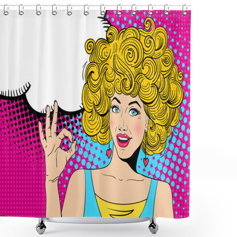 Personality   Young Sexy Happy Surprised Blonde Woman With Open Mouth Shows OK Sign And  Speech Bubble. Vector Hand-drawn Colorful Background In Pop Art Retro Comic Style. Shower Curtains