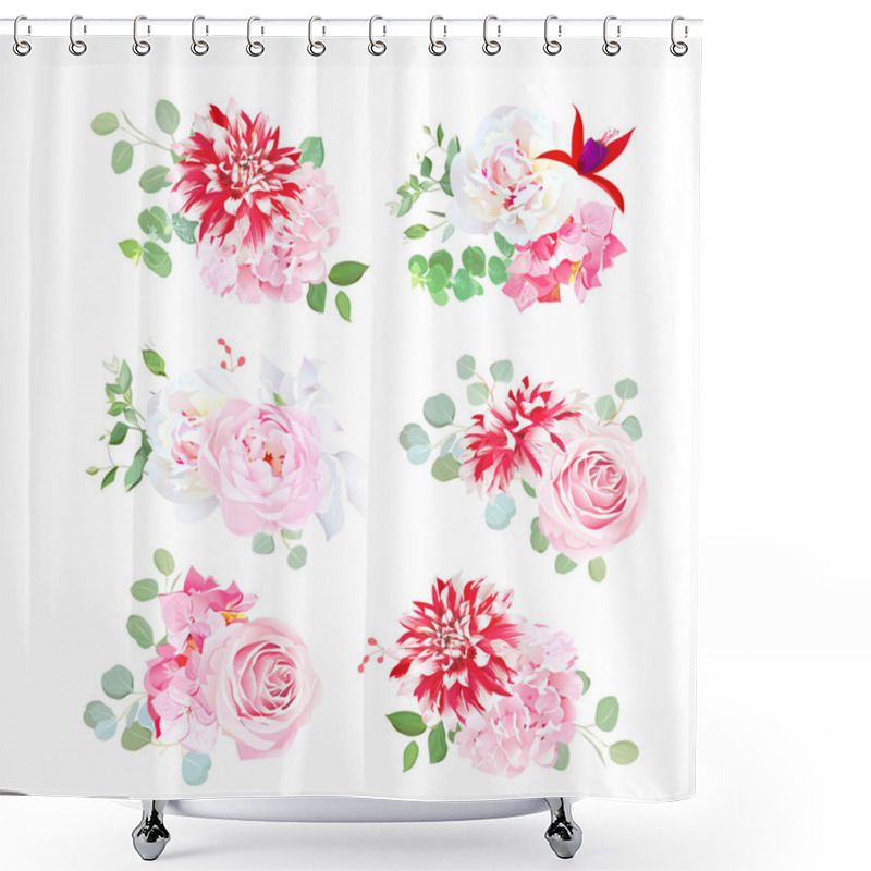 Personality  Small Bouquets Of Pink Rose, White Peony, Red Motley Dahlia Shower Curtains