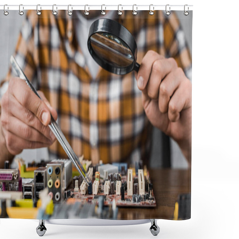 Personality  Cropped Shot Of Computer Engineer With Tweezers And Magnifying Glass Repairing Motherboard Shower Curtains