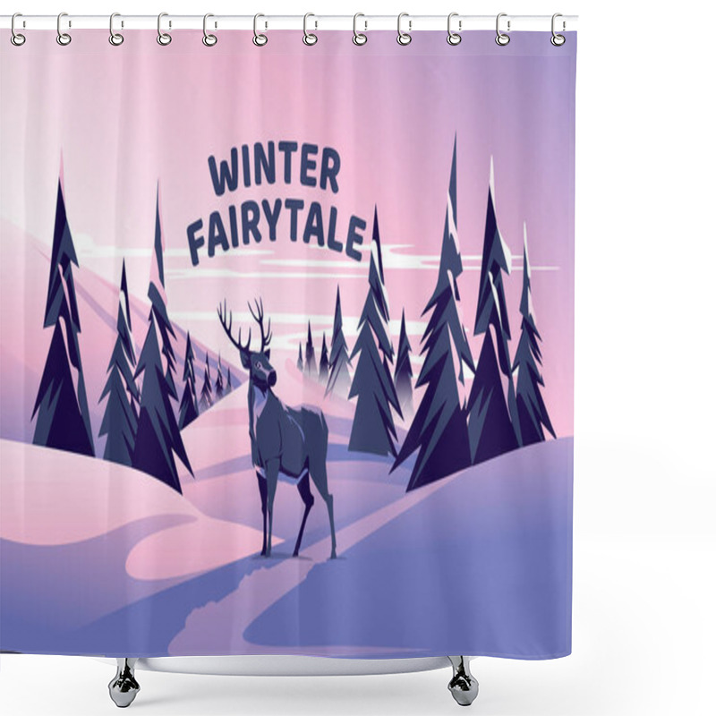 Personality  Winter Fairytale Landscape With Deer In A Coniferous Forest At Sunset. Holiday Season. Vector Illustration Shower Curtains