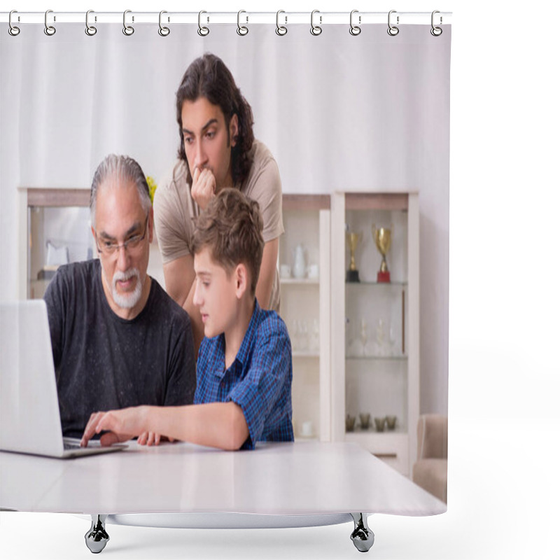 Personality  Grandfather Learning New Technology From Son And Grandson Shower Curtains