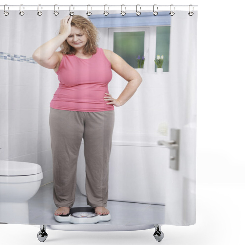 Personality  Overweight Woman Weighing Herself On Scales In Bathroom Shower Curtains