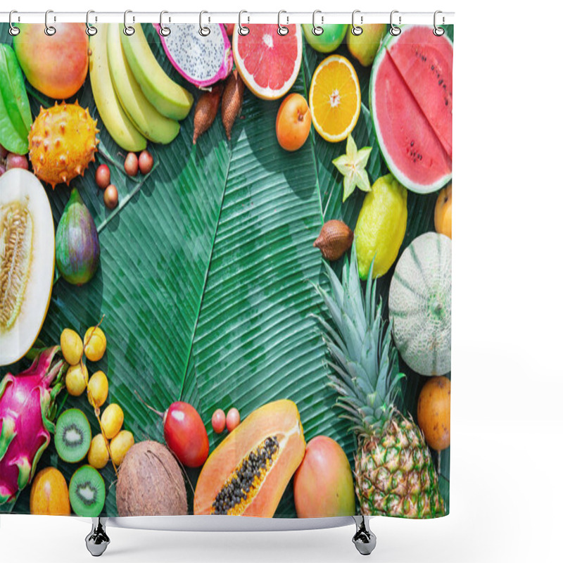 Personality  Assortment Of Tropical Fruits On Leaves Of Palm Trees Shower Curtains