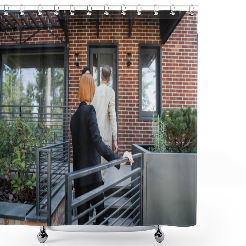 Personality  Back View Of Redhead Realtor Walking Behind Couple While Entering Modern House Shower Curtains