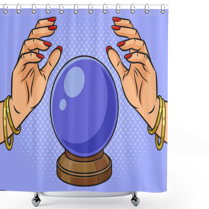 Personality  Hands Of Fortune Teller Clairvoyant Over Magic Crystal Ball Pinup Pop Art Retro Raster Illustration. Comic Book Style Imitation. Shower Curtains