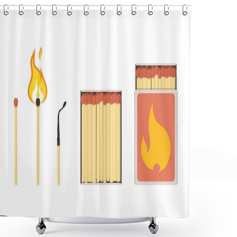 Personality  Set Of Mathces And Matchbox. Unsed, Burning, Burnt Matchsticks And Opened Matchboxes. Vector Illustration Shower Curtains