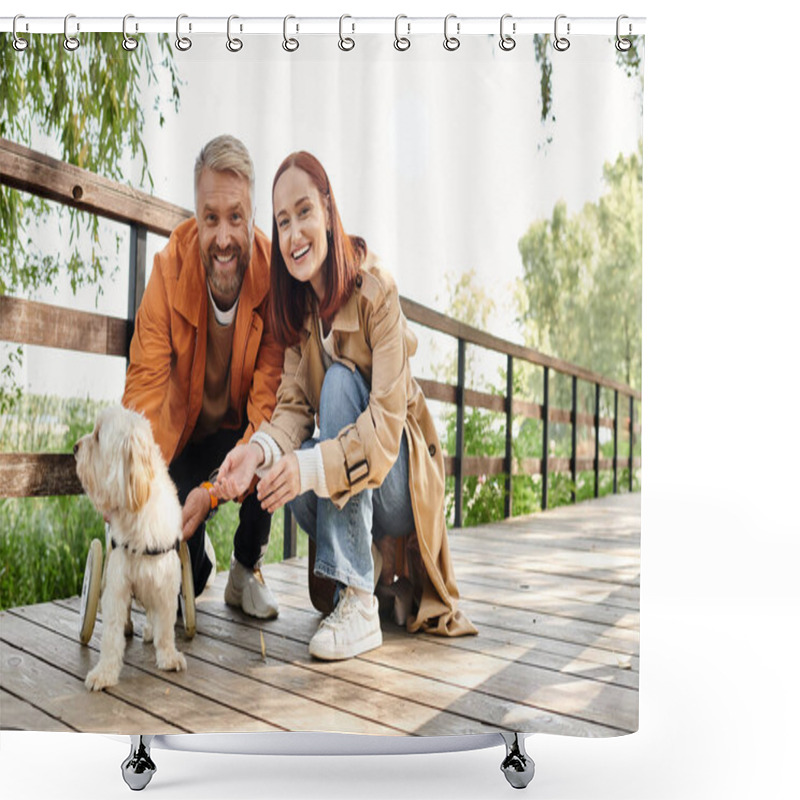 Personality  A Man And Woman In Casual Attire Pet A Small Dog While Taking A Walk In The Park. Shower Curtains