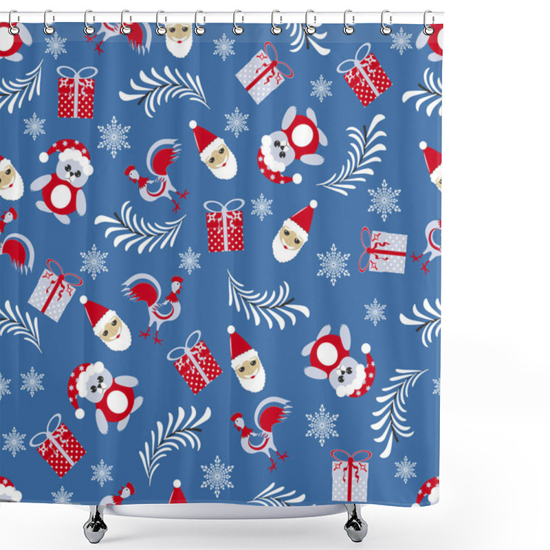 Personality  Seamless Vector Christmas Illustration With Christmas Symbols. Christmas Tree, Cock, Bear,   Snowflakes, Gift Box, Santa Claus Shower Curtains