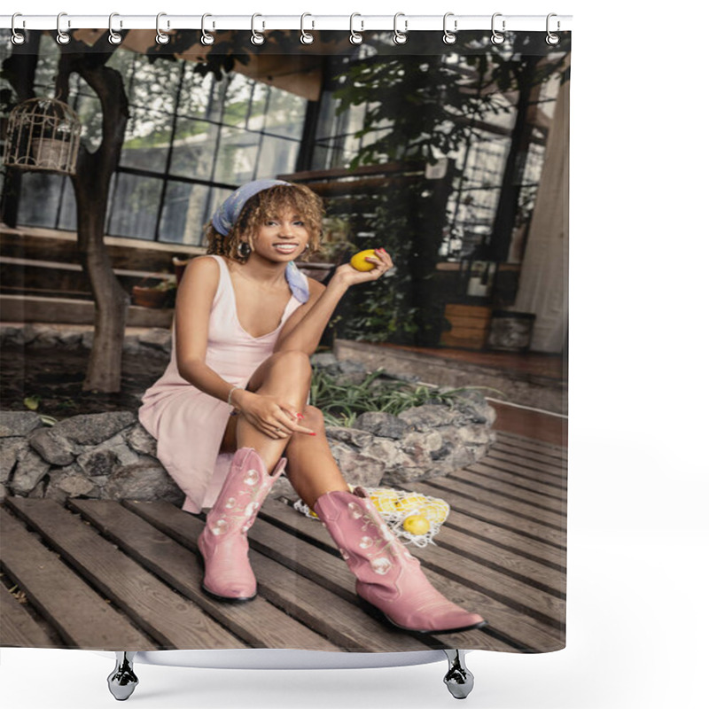 Personality  Full Length Of Smiling Young African American Woman In Boots And Summer Outfit Holding Fresh Lemon While Sitting Near Mesh Bag In Blurred Orangery, Chic Woman In Tropical Garden, Summer Concept Shower Curtains