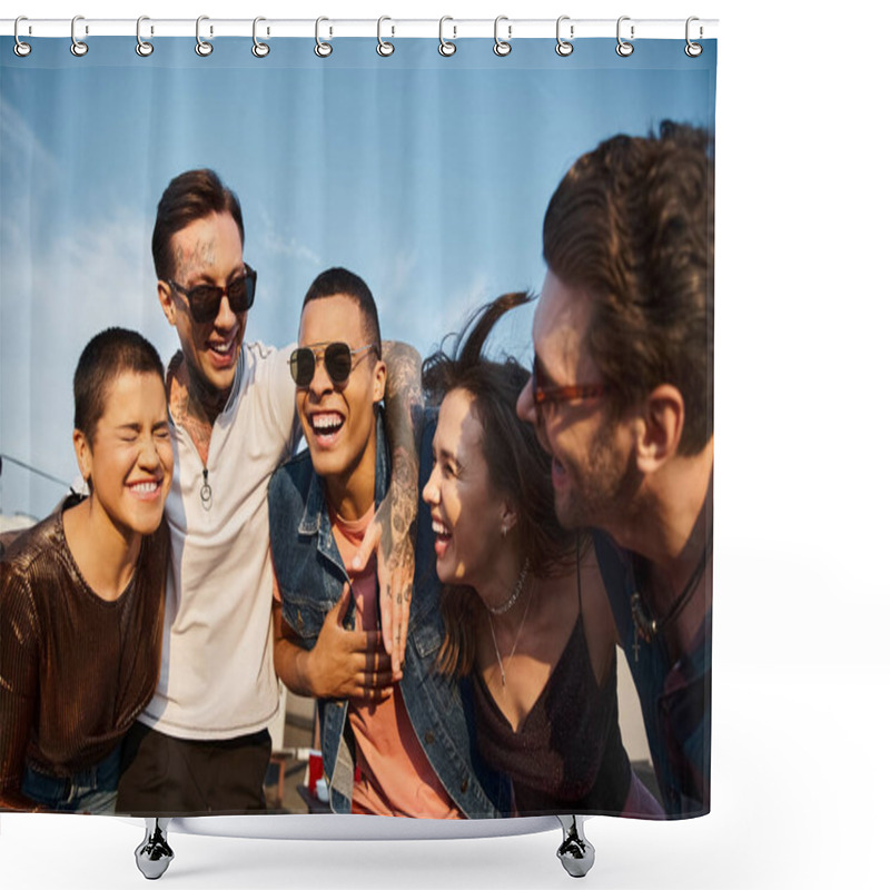 Personality  Attractive Diverse Cheerful Friends With Sunglasses Having Great Time Together At Rooftop Party Shower Curtains