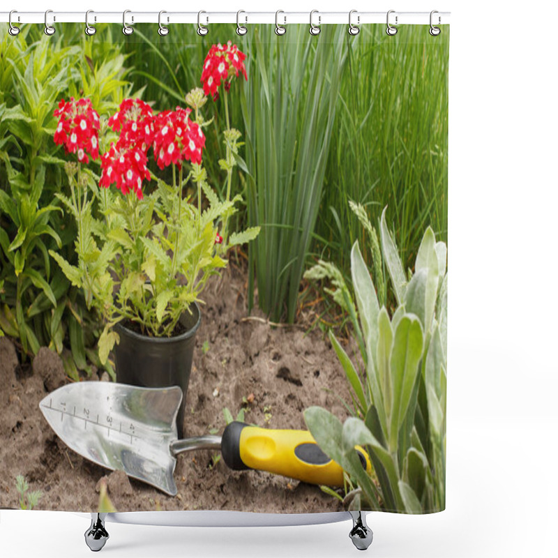 Personality  Red Verbena Flowers And Small Shovel In A Garden Bed With Green Grass On The Background. Shower Curtains