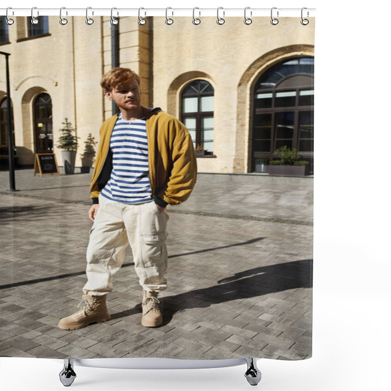 Personality  A Debonair Young Man With Red Hair Stands In Front Of An Impressive Building In The City. Shower Curtains