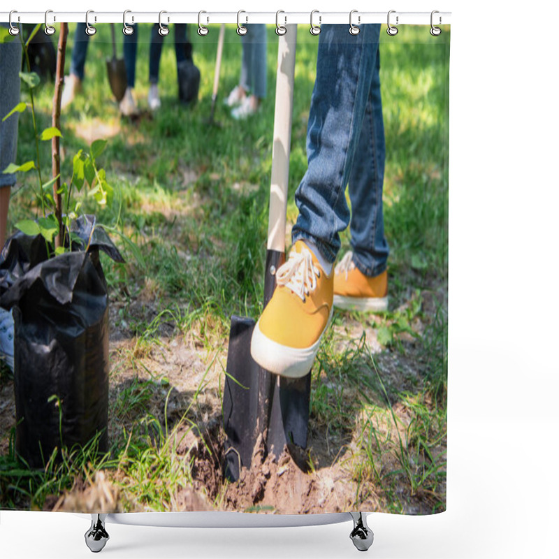 Personality  Cropped View Of Man With Shovel Planting Tree In Park  Shower Curtains