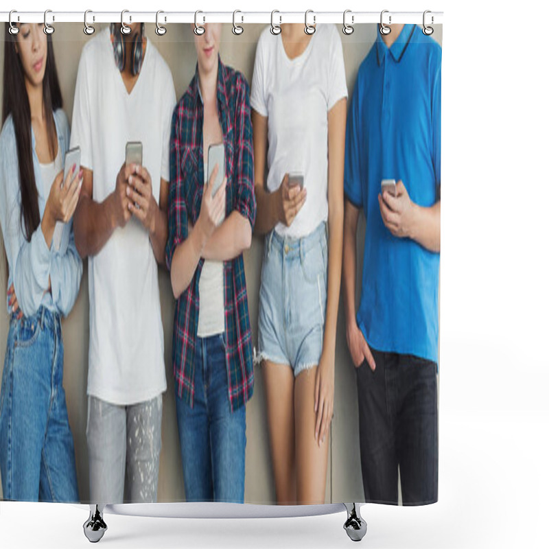 Personality  Group Of Friends Watching Smart Phones, Panorama Shower Curtains