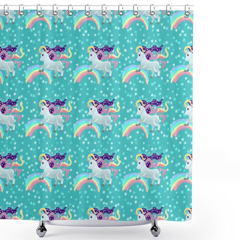 Personality  Unicorn Pattern. Pony And Stars. Vector Seamless Pattern With White Unicorns, Rainbow And Stars. Isolated On A Mint Color Background. Shower Curtains