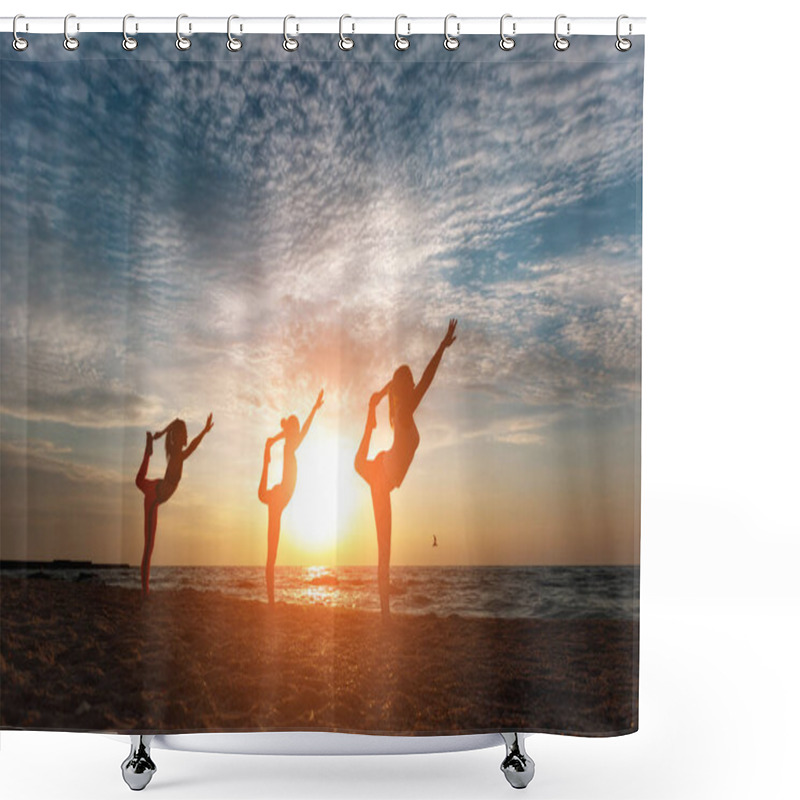 Personality  A Group Of Women Doing Yoga At Sunrise Near The Sea Shower Curtains