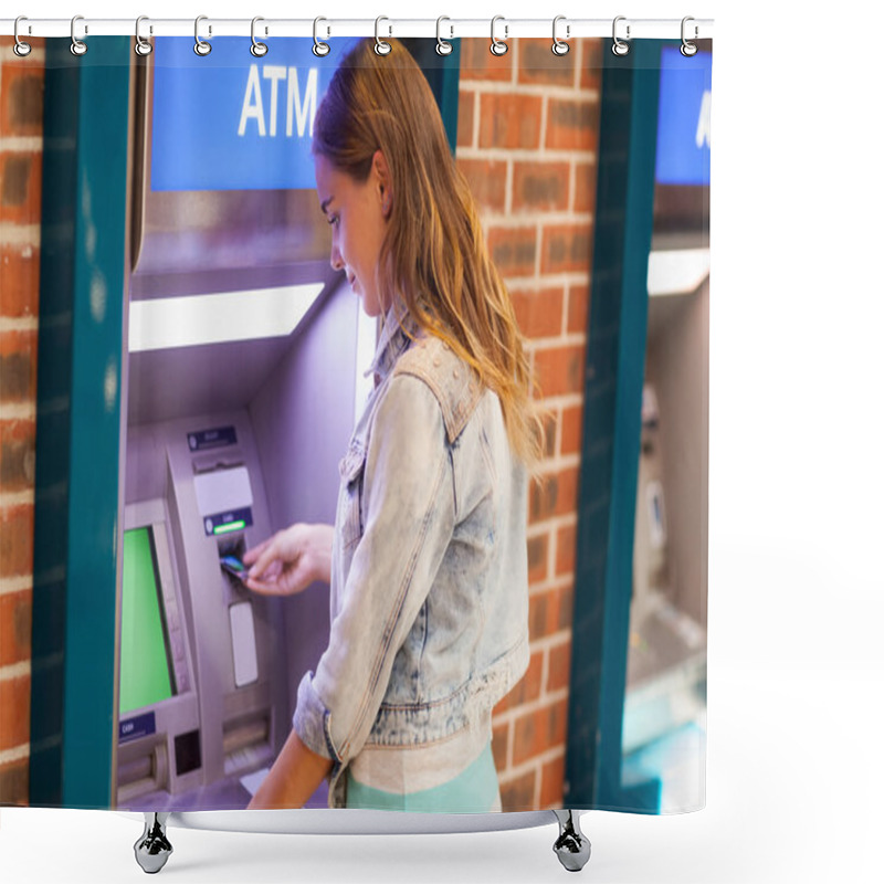 Personality  Pretty Brunette Student Withdrawing Cash Shower Curtains