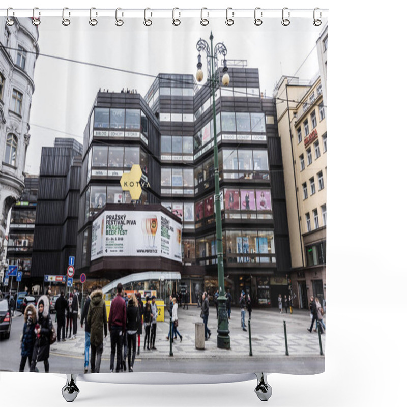 Personality  PRAGUE, CZECH REPUBLIC - MARCH 24, 2018: Streets Of City In A Cloudy And Rainy Day. Cars Riding On Roads And People Exploring Local Shops. Hotels And Baroque Buildings On Background. Shower Curtains