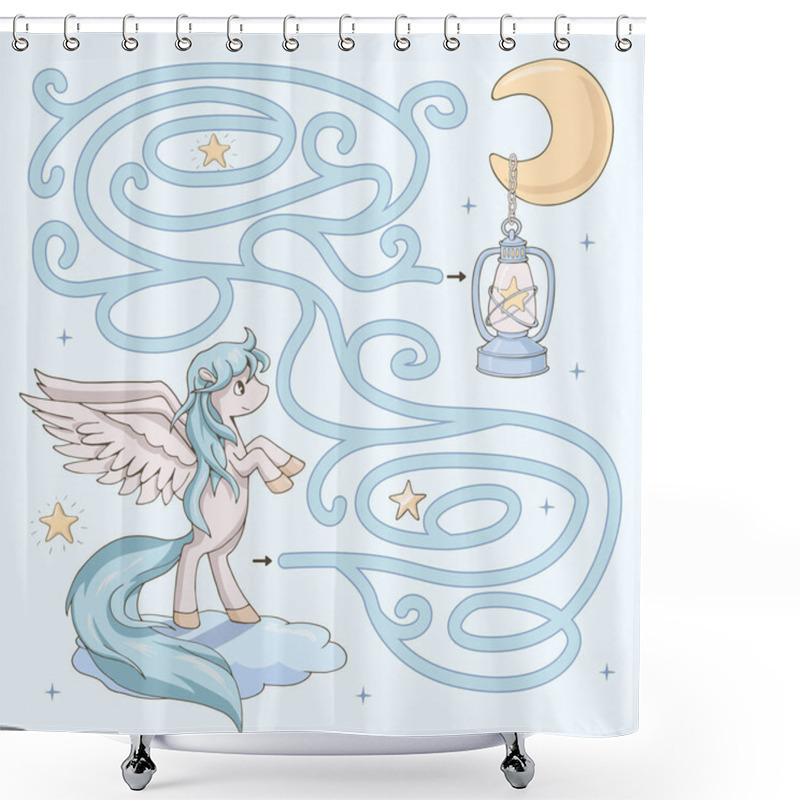 Personality  Labyrinth. Maze Game For Kids. Help Cute Cartoon Pegasus On A Cloud Find Path To The Moon And Star In A Lantern. Fantasy Vector Illustration. Light Blue And Yellow Pastel Colors. Shower Curtains