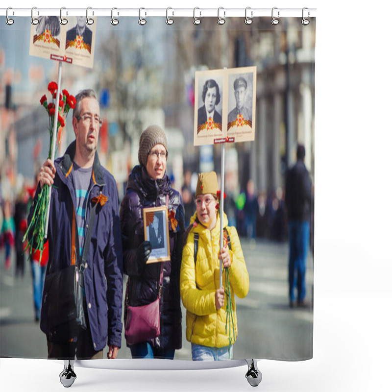 Personality  May 9, 2017, Nevsky Prospect, St. Petersburg, Russia. Family, Signs Of The Action Of The Immortal Regiment, A Crowd Of People At Full Height. Shower Curtains