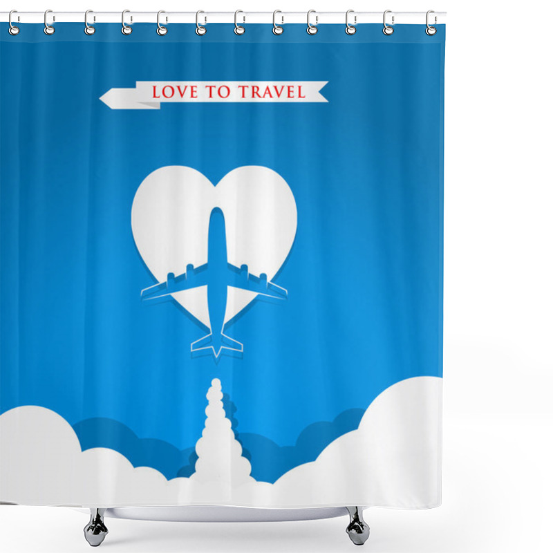 Personality  Love Travel Concept With Airplane On Heart Shape On Blue Background Shower Curtains