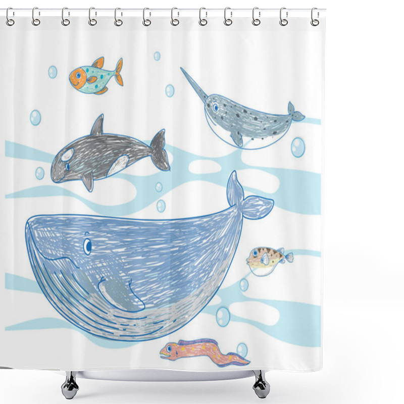 Personality  Coloured Hand Drawn Sea Animals Collection Illustration Shower Curtains