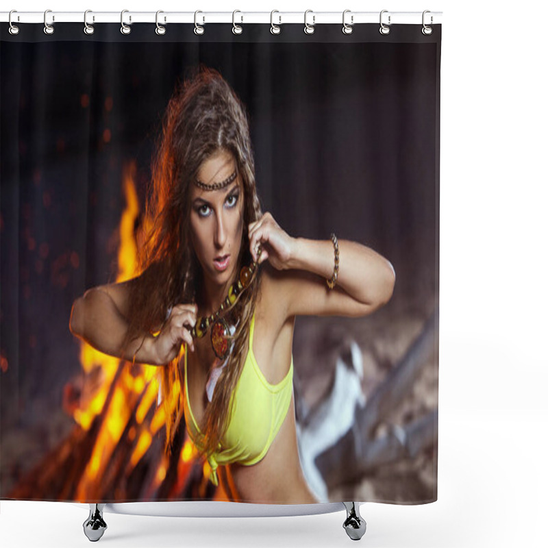 Personality  Woman In Bikini Is Posing Near A Bonfire That Is At The Beach  Shower Curtains