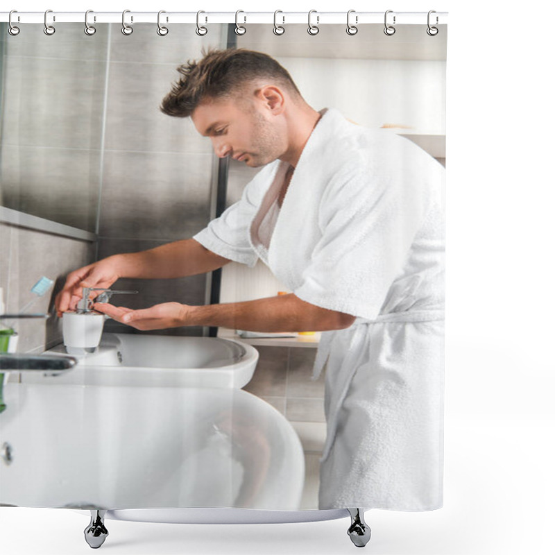 Personality  Selective Focus Of Handsome Man In Bathtub Standing With Cupped Hand Near Bathroom Sink  Shower Curtains