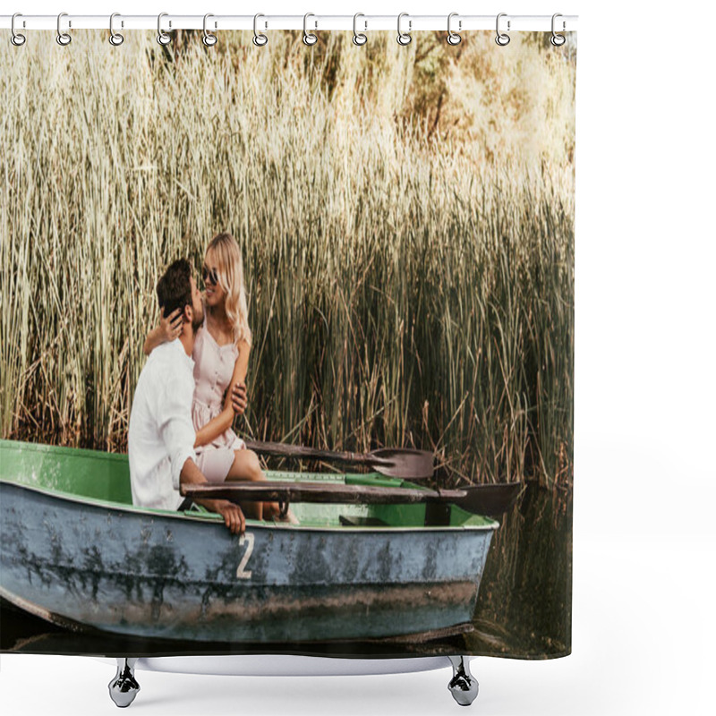 Personality  Young Couple Hugging And Kissing In Boat On River Near Thicket Of Sedge Shower Curtains